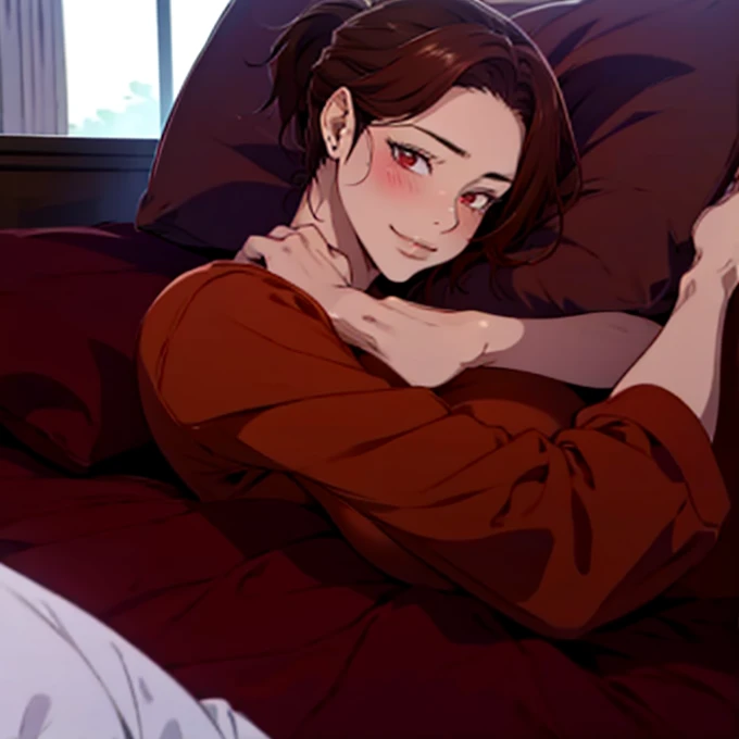  pov across bed,huge breasts, girl sleeping, male focus, a close up artwork of an anime character laying in a white bed, 1girl, solo,letterboxed, lying, under covers, blush, pillow, brown eyes, looking at viewer, smile, no headwear, brown hair, blue shirt, closed mouth, on bed,tomboy,mommy, big breasts, milf, elegant woman,ichiren_takushou