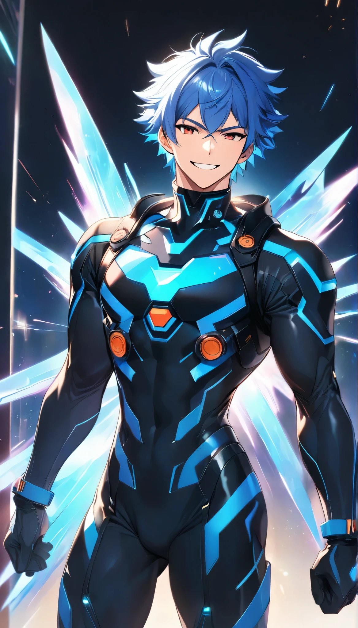 Dynamic and friendly and charismatic male character in futuristic black and blue cyber suit with glowing LED lines, Short spiky vivid blue hair with bang, and sharp red eyes. He is tall, Muscular, Wield the energy blade, The character is smiling warmly and in a relaxed posture, exuding a welcoming and approachable aura. Background is night sky, front view, cowboy shot, knees,