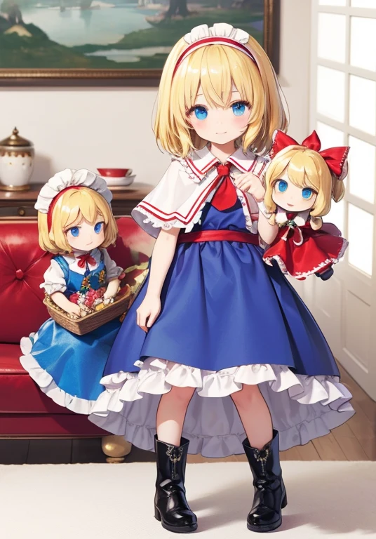 1girl, alice margatroid (touhou), blue eyes, medium hair, Blonde hair, white capelet, blue dress, frilled dress, frilled ascot, red ascot, puffy short sleeves, red hairband, no hair band, frilled hairband, grimoire of alice, doll, Shanghai_doll_(touhou), Blonde_hair, blue_eyes apron, boots, dress, hair_bow, red ribbon on head, weapon, lance, maid, doll　There are seven coloured dolls　Manipulates seven-colored puppets