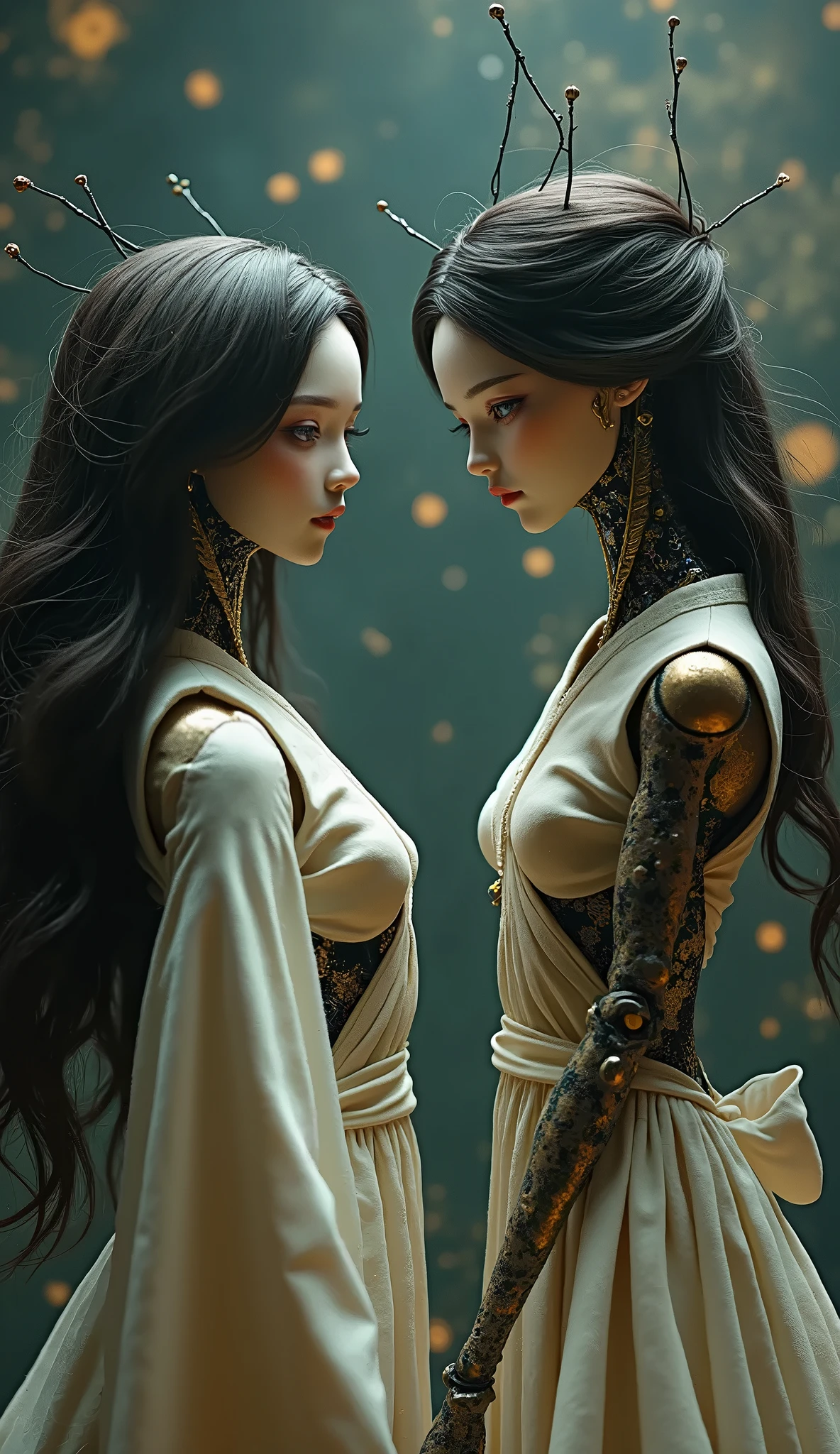 two elf  princesses are hugging each other in a picture with a green background and a gold background by WLOP - Emotional cyberpunk fantasy in WLOP-Style: Bioluminescent, Soft, Dreamy style with detailed characters featuring a smooth mixture of sharp jewelry in blue, black, and silver hues. Utilizes extremely thin brush strokes and light brush treatment. The characters exhibit delicate Asian features with mature elven proportions, such as a soft jawline. The artwork includes star and diamond motifs with a blurred, dark, [deep green and yellow background], creating a sense of peace and mystery. Sacred geometric figures drawn with thin [dark gold] on a [deep green and yellow background] background, in a kaleidoscope-like arrangement
