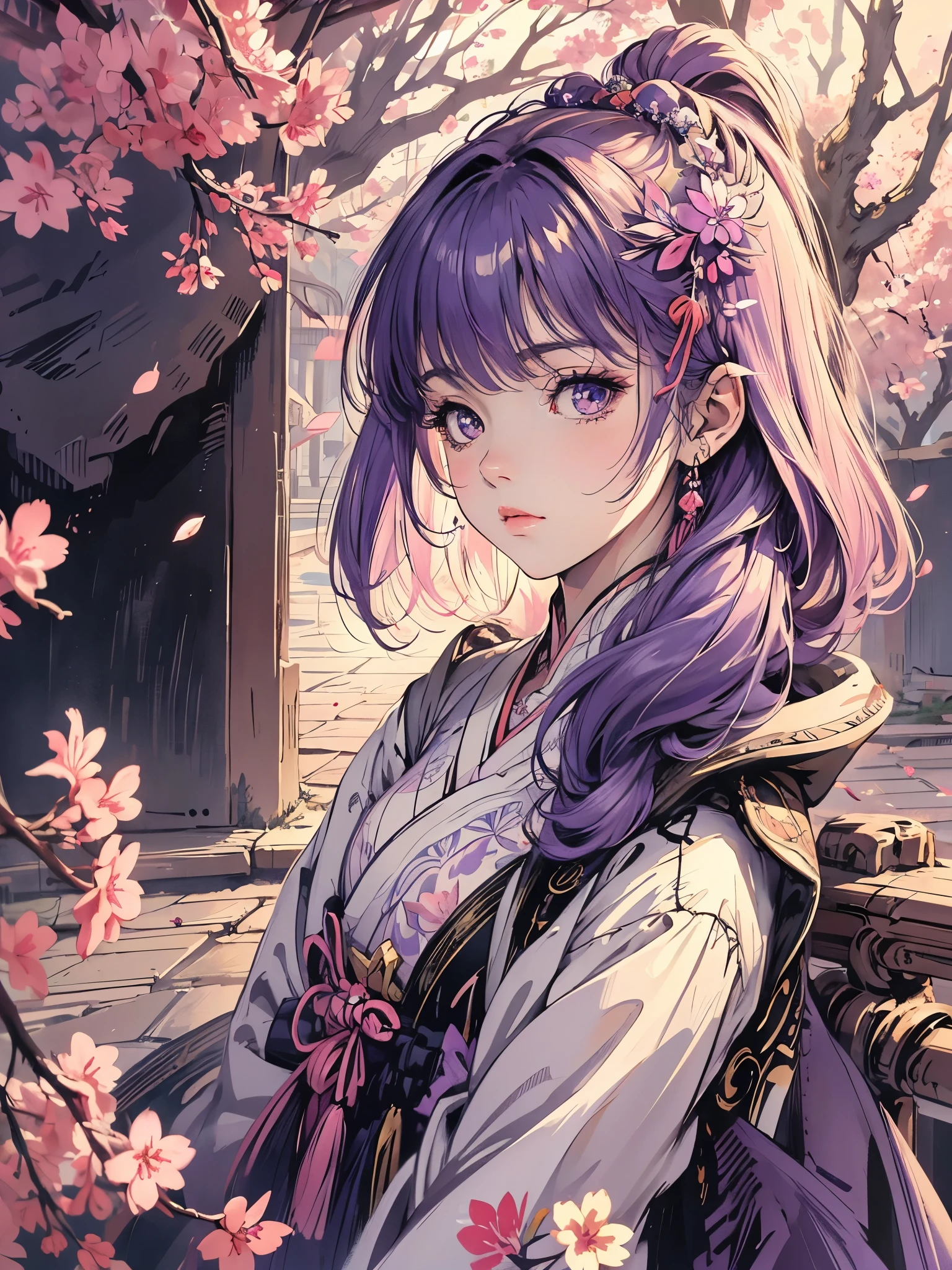 high res, masterpiece,Sakura Matou,fate, purple hair, solo, 1girl,outside,deatailed background, detailed eyes,