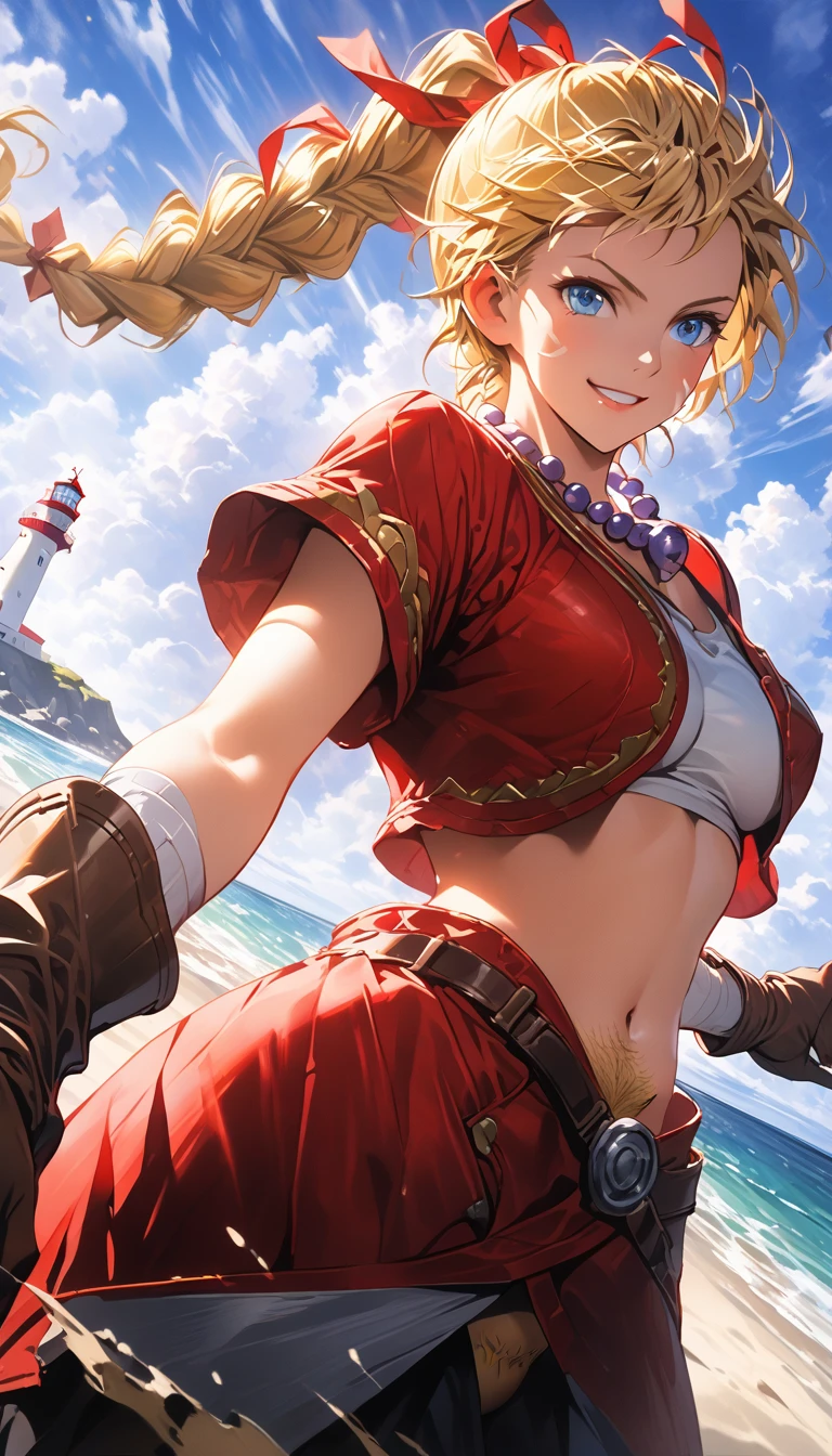 (lighthouse prominently in background), (viewed from slightly below:1.27), ((mature face)), blue eyes, warm smile, 20 years old, yellow hair in a high braided ponytail, (small bust:1.42), navel, standing on white sand beach, in various fighting poses, red fitted jacket 3/4 cropped, form fitting red micro skirt, (yellow pubic hair peeks out of her skirt:1.37), (Whole body shown:1.37), wearing loose leather boots, wearing ankle wraps, detailed face, detailed eyes, detailed lips, highly detailed hands, 8k, UHD, cinematic lighting, vivid colors, dramatic shadows, masterpiece, award winning art, (full length portrait:1.42),(kdecc, ponytail, (facial mark), necklace, red vest, midriff, red skirt, gloves), ultraST, skin_tight, impossible clothes