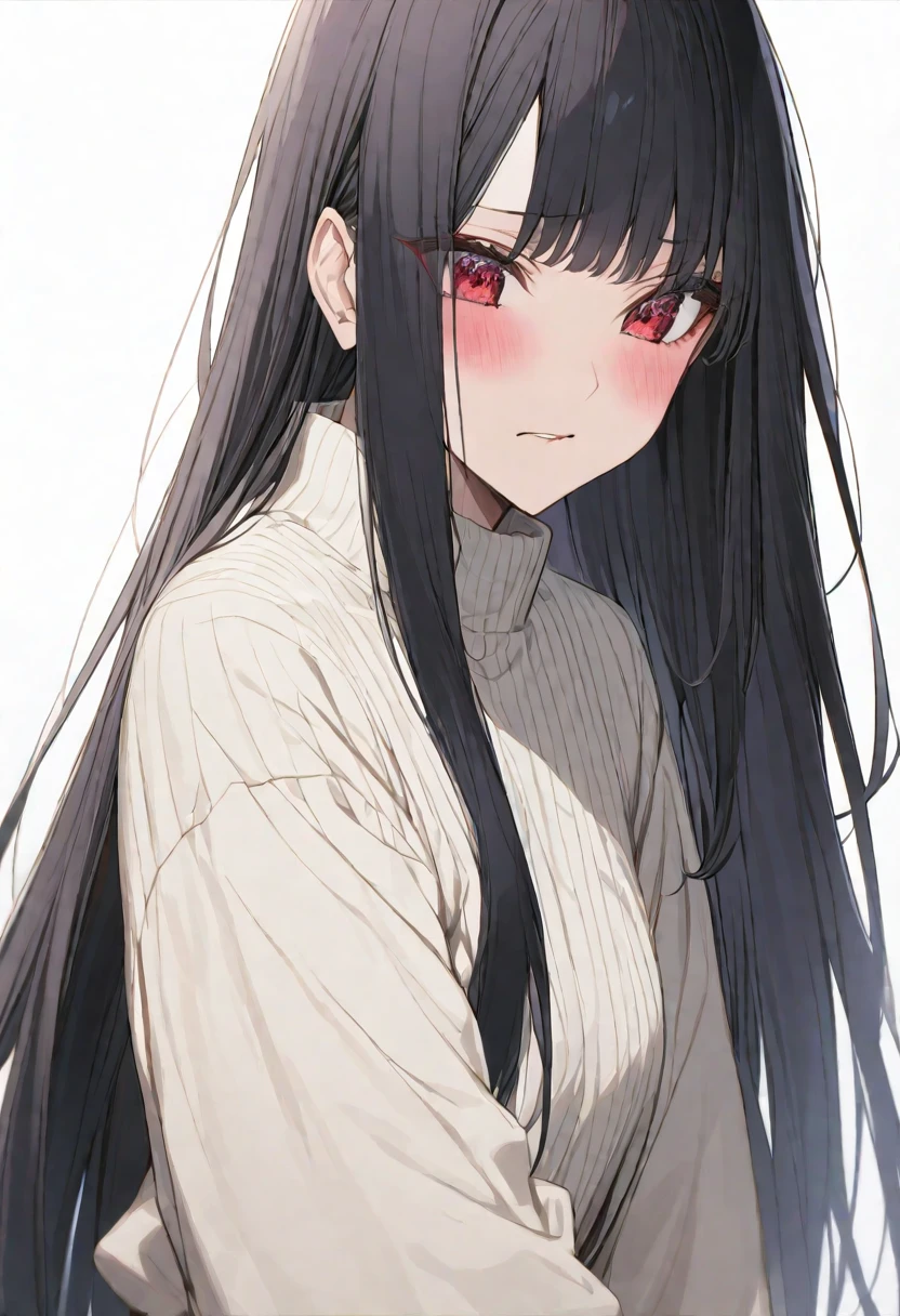 Alone, good looking, 1. woman, Hime cut,Straight Long Hair, Black Hair, Red eyes＆Soft impression, Gojo Satoru ,,skin,sexy,So embarrassing,White background