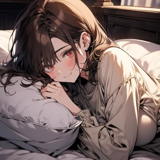 pov across bed,huge breasts, girl sleeping, male focus, a close up artwork of an anime character laying in a white bed, 1girl, solo,letterboxed, lying, under covers, blush, pillow, brown eyes, looking at viewer, smile, no headwear, brown hair, blue shirt, closed mouth, on bed,tomboy,mommy, big breasts, milf, elegant woman,ichiren_takushou