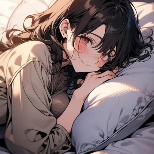 pov across bed,huge breasts, girl sleeping, male focus, a close up artwork of an anime character laying in a white bed, 1girl, solo,letterboxed, lying, under covers, blush, pillow, brown eyes, looking at viewer, smile, no headwear, brown hair, blue shirt, closed mouth, on bed,tomboy,mommy, big breasts, milf, elegant woman,ichiren_takushou