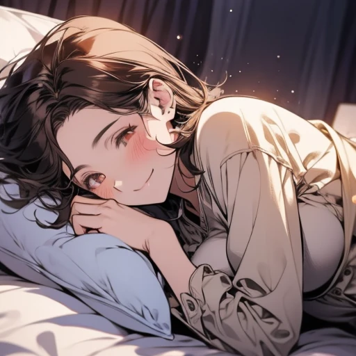 pov across bed,huge breasts, girl sleeping, male focus, a close up artwork of an anime character laying in a white bed, 1girl, solo,letterboxed, lying, under covers, blush, pillow, brown eyes, looking at viewer, smile, no headwear, brown hair, blue shirt, closed mouth, on bed,tomboy,mommy, big breasts, milf, elegant woman,ichiren_takushou