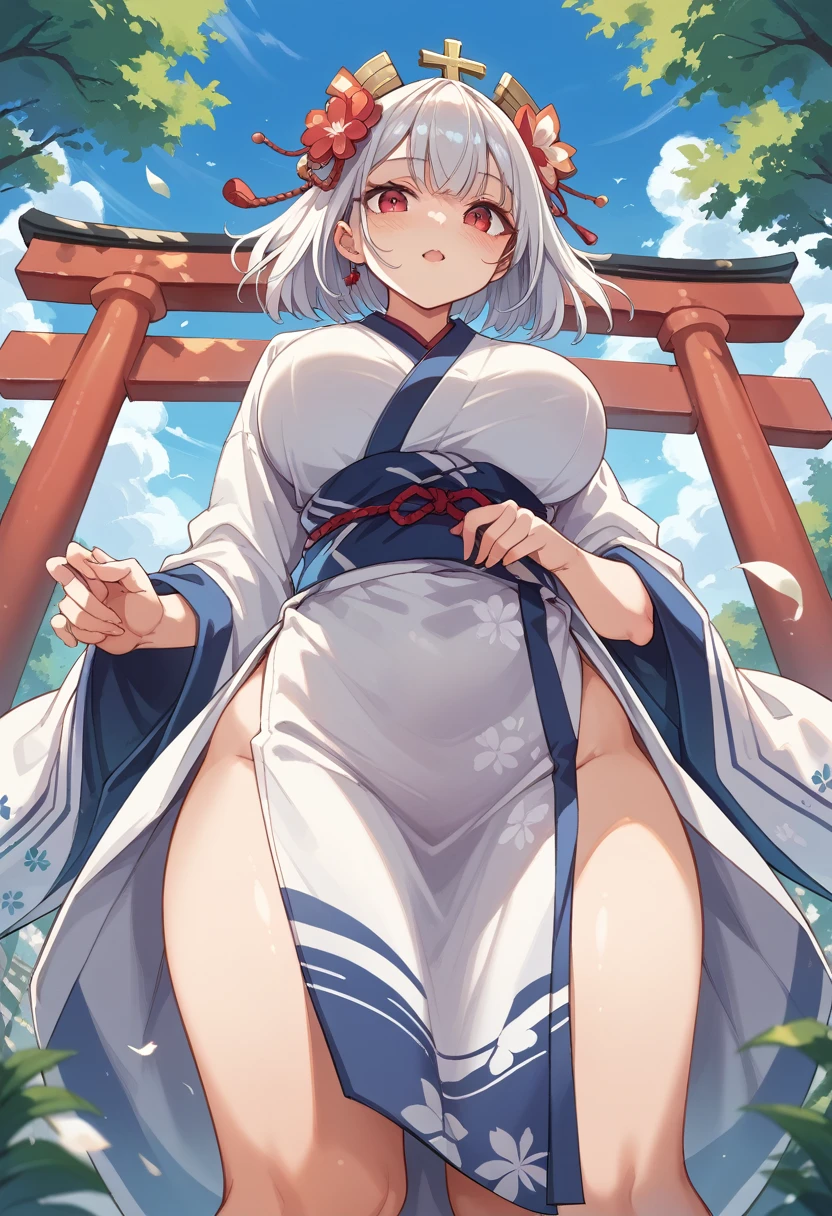 nsfw,1girl,focus breast,, troubled eyebrows, blush,arms behind head, armpit hair, best quality, amazing quality, very aesthetic, absurdres,masterpiece, itako_v1,touhoku itako,white hair,very long hair,fox ears, purple eyes, ponytail, hair ornament,parted bangs, japanese clothes,white kimono,,itk,itako v1,fullbody