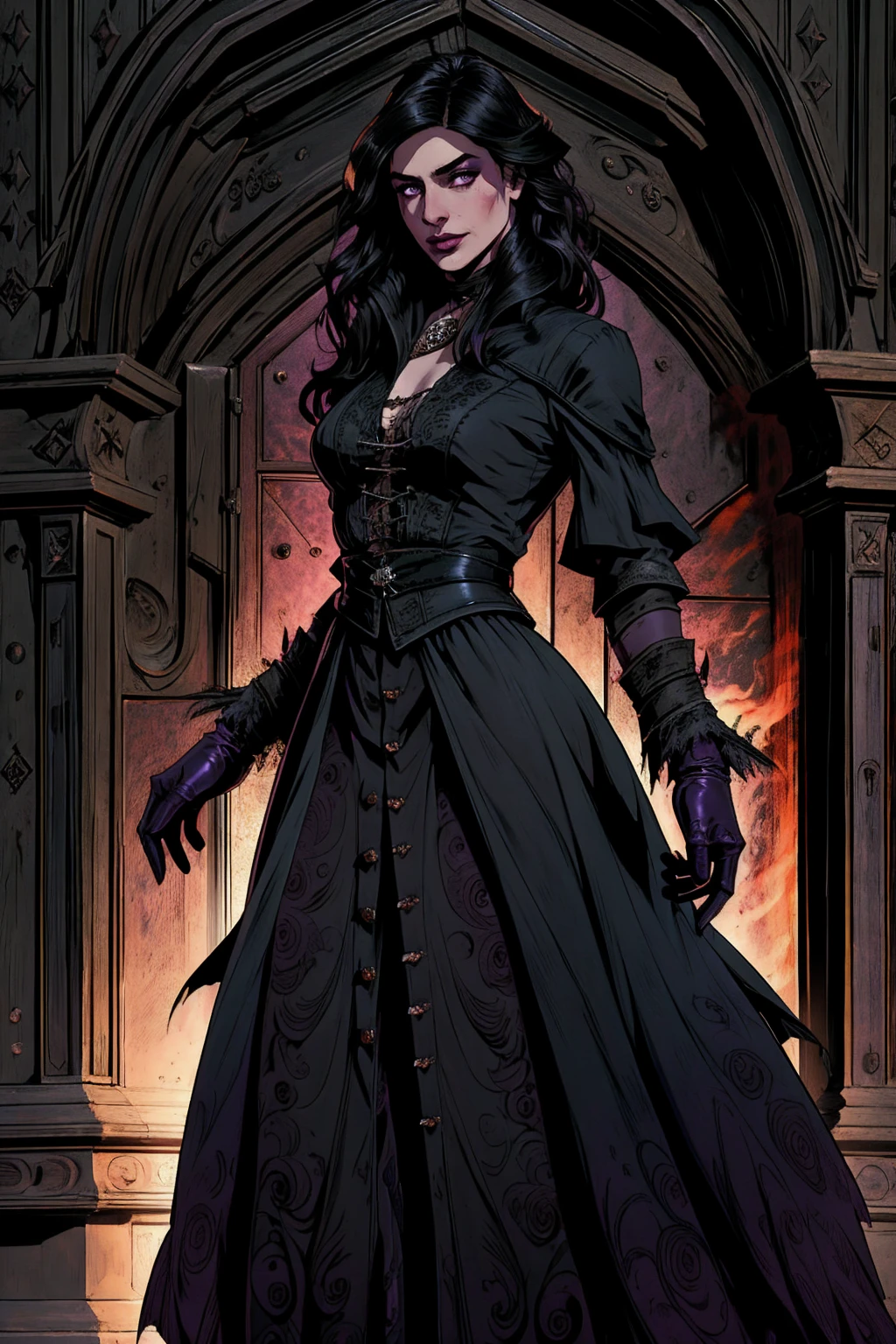 woman 35 years old, witchcraft, magician, victorian clothes, where poison potions and vines abound, a woman (yennefer), very long black hair (black hair), (purple eyes), nekless . Indifferent look , merciless, dancing witk a demon, Angry face, dinamic poses, egoist smile,