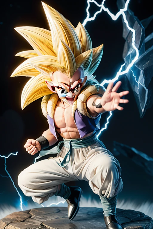 masterpiece, best quality, highest quality, perfect anatomy, perfect face, perfect eyes, well defined corneas,
gotenx-ss3-smf, super saiyan, 1boy, male focus, blonde hair, solo, muscular, blue eyes, smile, spiked hair, abs, energy ball, electricity, long hair, full body, looking at viewer, no eyebrows, pants, grin, white pants, sash, aura, blue sash, pectorals, super saiyan 3, teeth, muscular male, energy, boots, dougi,Super Saiyan 3 hyper long hair,Hair down to the knees