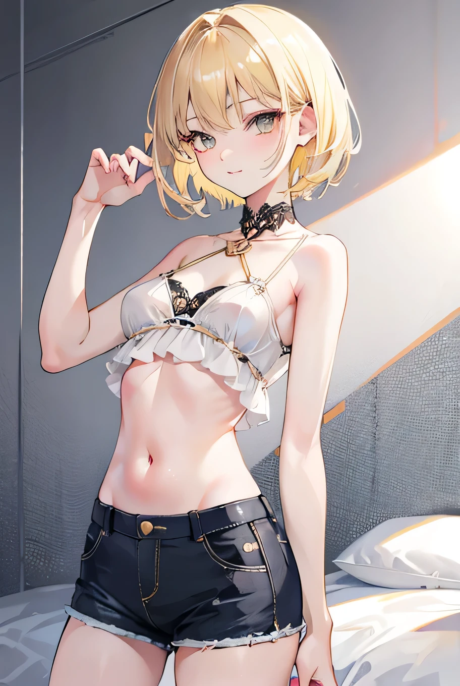 (highest quality, High resolution, perfect pixel, Depth of bounds written, 4K), upper body, (chair), (looking down), (detailed eyes), (1 lady), tall, (skinny body:1.2), (thin thighs:1.2), (Narrow hips:1.2), (black tube tops:1.4), bellybutton, sleeveless, middle breasts, (blond hair), (ponytail:1.2), (standing:1.2),  (denim skirt:1.3), (panty strap:1.2), (hand on hip and behind head:1.2), contrapposto, (seductive smile), one eye closed, 