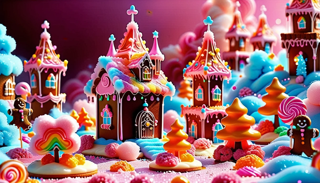 A Sweet Masterpiece In 32K Resolution, Sugary Quality, Confectionery Detail, Dessert Art, Delicious 32K Vista, Whimsical And Playful, Ultra-Detailed Candy Features, Sugar Paradise. Cotton Candy Castles Float Through Candy Floss Skies, Adorned With Lollipop Trees And Chocolate Rivers In Shades Of Pink And Caramel. Syrup Falls Pour Into Cream Seas Below, While Sugar Flowers Sparkle With Crystalline Sweetness. In The Distance, A Gingerbread Palace With Cookie Architecture Stands Proud, Glistening In The Rainbow Sprinkle Light.