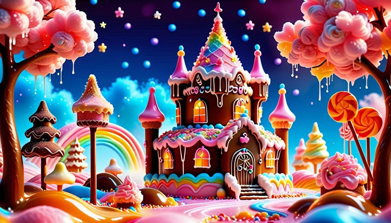 A Sweet Masterpiece In 32K Resolution, Sugary Quality, Confectionery Detail, Dessert Art, Delicious 32K Vista, Whimsical And Playful, Ultra-Detailed Candy Features, Sugar Paradise. Cotton Candy Castles Float Through Candy Floss Skies, Adorned With Lollipop Trees And Chocolate Rivers In Shades Of Pink And Caramel. Syrup Falls Pour Into Cream Seas Below, While Sugar Flowers Sparkle With Crystalline Sweetness. In The Distance, A Gingerbread Palace With Cookie Architecture Stands Proud, Glistening In The Rainbow Sprinkle Light.