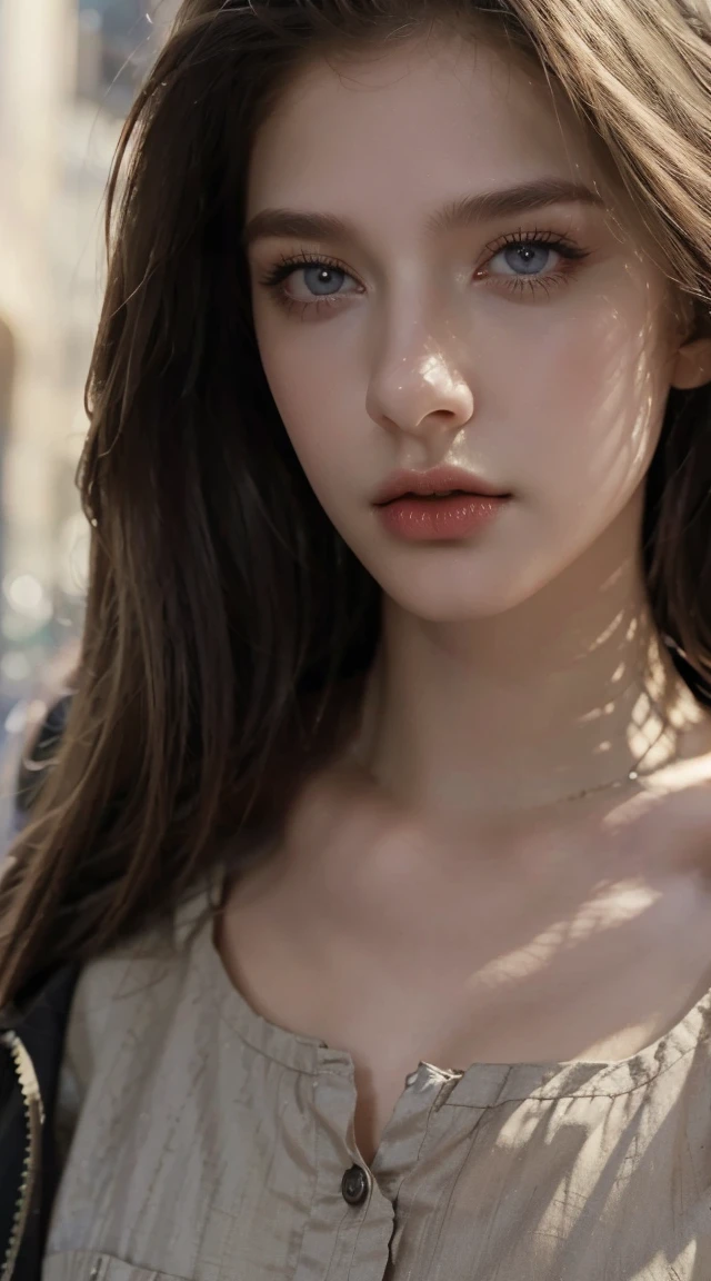 a girl,light brown hair,long hair,hazel eyes, attractive,beautiful, light brown shorts with pockets, dark grey shirt,military jacket without closure, ,in destroyed city,at dawn,pale skin,strong abs: 1.2, Highly detailed skin and face texture, Detailed eyes, Double eyelid, red lips,(The best quality, 8K, masterpiece: 1.3), perfect hands, Clear focus: 1.2, Beauty,High quality,detailed background.