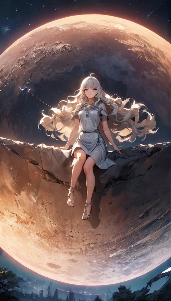 Adult woman; With a silver tunic, ciano eyes; showing the whole body; Long silver hair; Silver High heel Sandals, High quality. 4k, many details. High quality. 4k, many details. Distant view. Masterpiece, accurate, detailed background, better quality, original work. full body, Night galaxy background, night scenery. shooting stars, amazing deep view, ower, ARTEMIS, Holding a bow and arrow, aiming to sky, Sitting on a Moon, giant