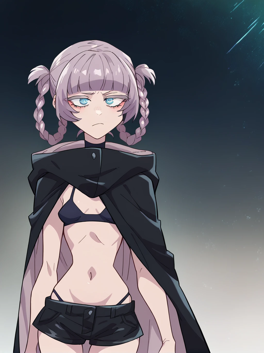 score_9, score_8_up, score_7_up, score_6_up, source_anime, 1girl, nazunaxl,navel, hair rings, black cloak,long cloak, ringed eyes, small breasts, crop top, blue eyes, hooded cloak, short hair, purple hair, blunt bangs, black shorts, short shorts, braided hair rings, underwear, sleeveless turtleneck, flying in the night close to buldings, buldings, purple stellar night, dark.