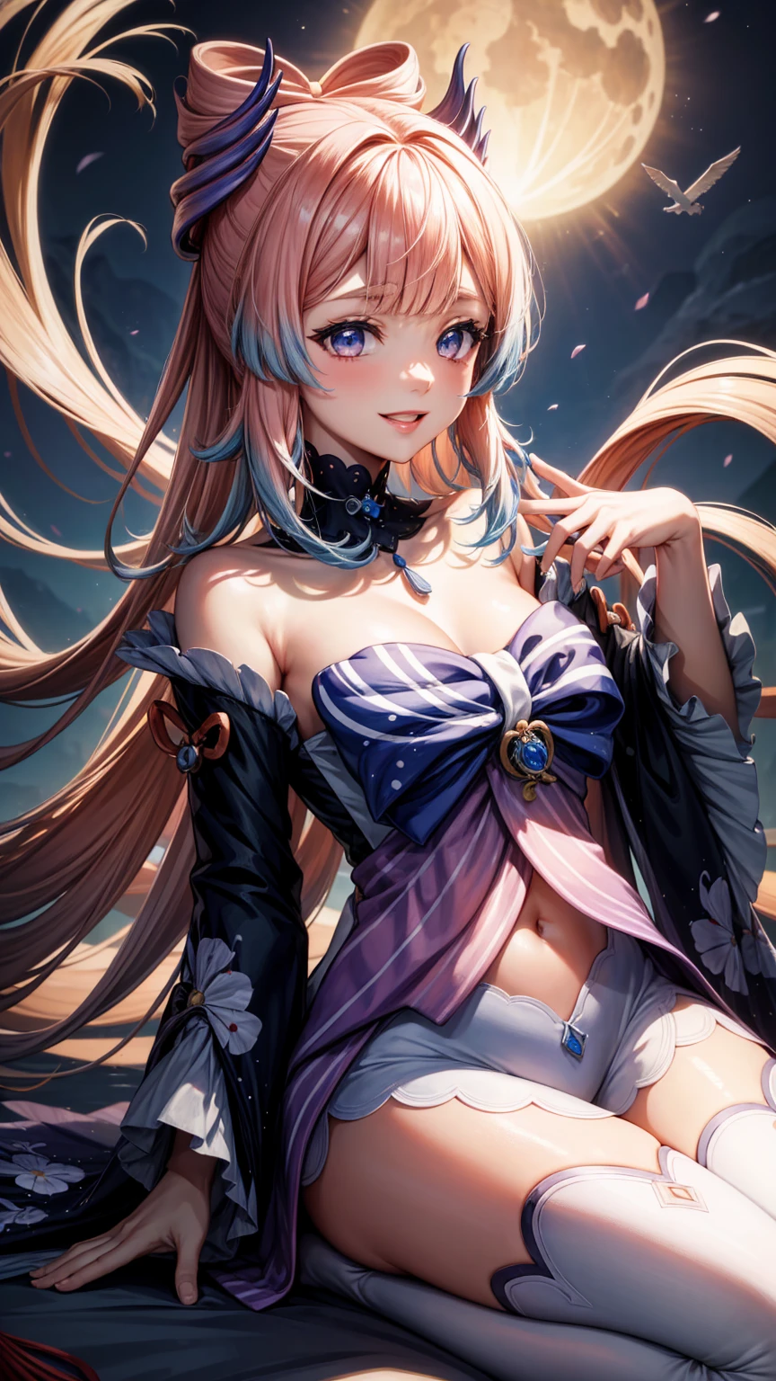 1 girl solo, translucent clothes, wery long pink hair with lavender streaks, blue bow on the chest, dark blue collar with pearl, long detached white and blue sleeves, white shorts, pastel rainbow iridescent light, flowy hair, ((holding pumpkins)) ((pastel pink halloween)), sitting on the sea shore on a big pastel purple shell, shells and pearls, pearl pumpkins