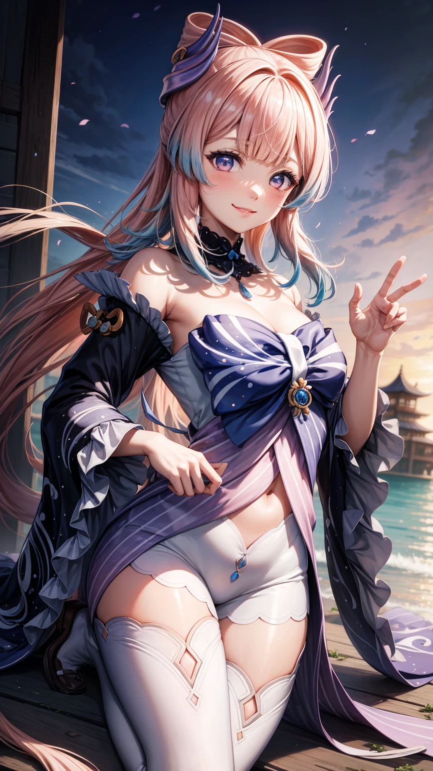 Highest quality、Highest quality、Masterpiece、woman1people、Shiny white shrine maiden outfit、Golden embroidery、Perfect body line、Adorable poses、Realistic、Glowing Skin、Groomed eyebrows、Pink Lips、Brown Hair、Blue Eyes、Twin tails、delicate、Shiny Hair、detailed、Shrine maiden's costume fluttering in the wind、Pink band、Light purple robe、Japanese style、dance、The background is the starry sky and the sea、