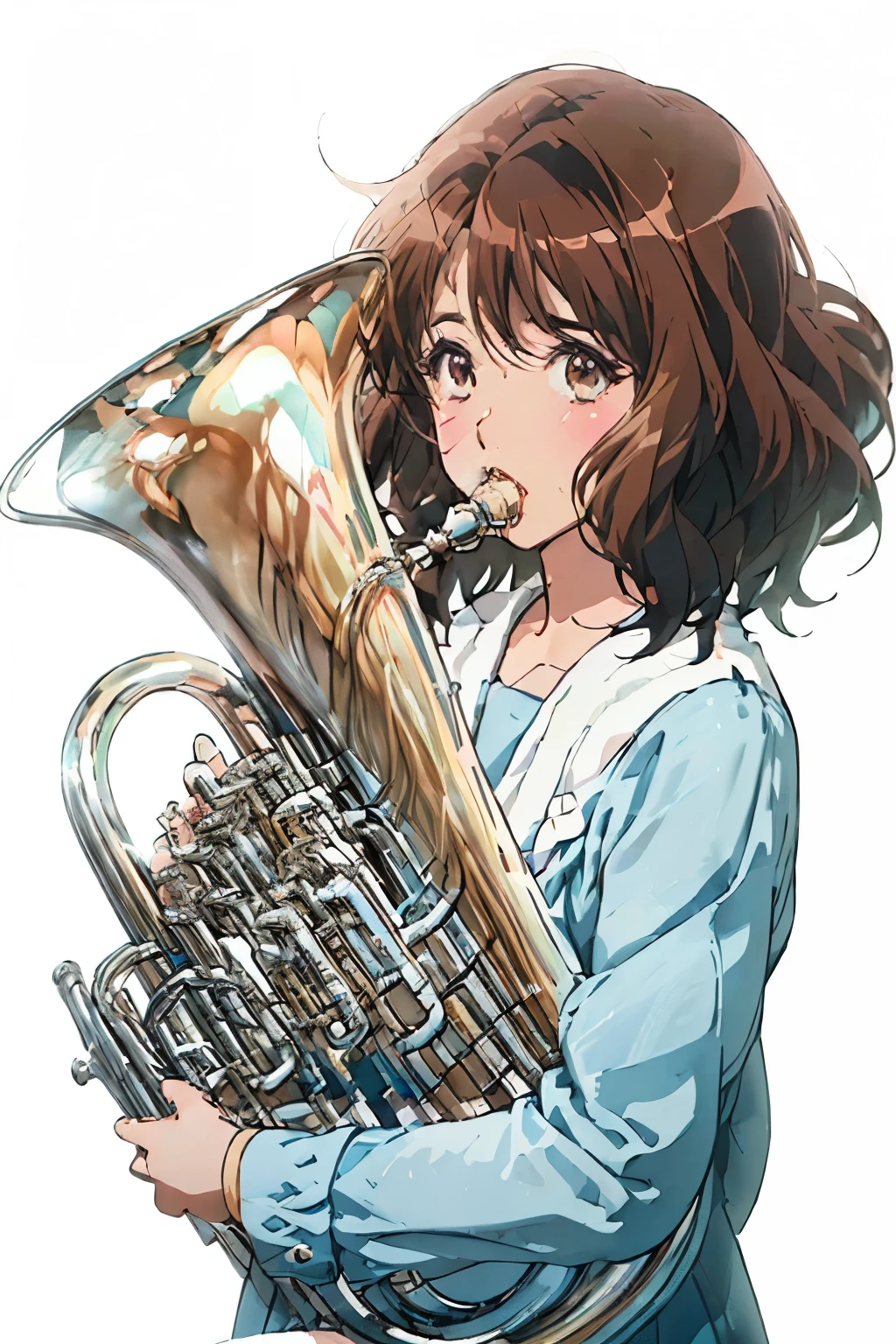 (One Woman)、(Alone)、(Playing the Euphonium:1.2),  (Draw the Euphonium Shape Accurately:1.4)、standing、(From before)、(Looking into the camera)、 (Soft light)、(soft shading)、 (Pastel colors)、(Sketch Style)、(bright)、(Sargent-style watercolor)、(Edmund Leighton Style)、(White background)、(Please redeem、masterpiece)、(Concept Art)、(Avatar)、(icon)、