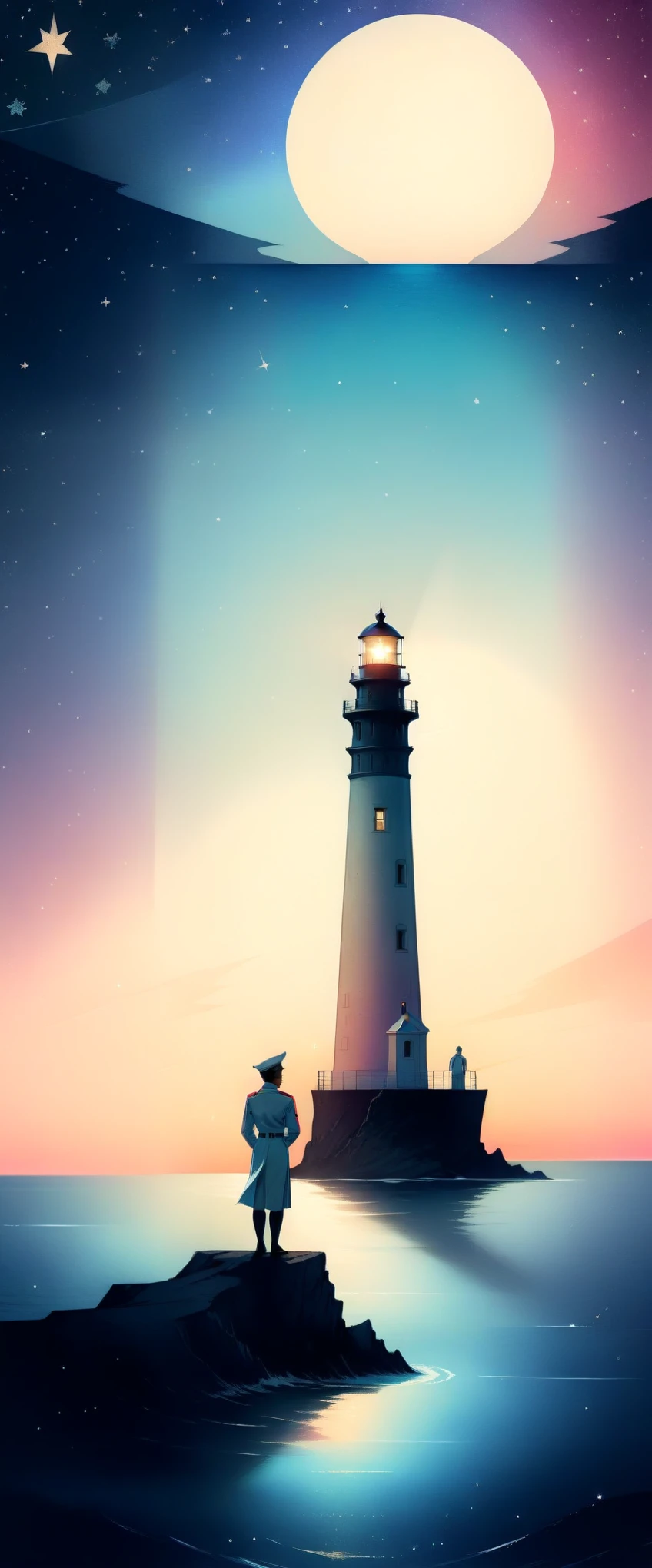 (Best quality, Background sketch in various harmonious colors: 1.2), Hyperrealistic, 1 ship in the middle of the ocean, a sailor points while looking at the coast of the continent on the horizon, a beautiful lighthouse is seen shining, Sailor clothes., Gradient background a beautiful night with stars, pastel colors harmonizing with each other, textured cutout, masterpiece, classic retro style, sketch style, European style