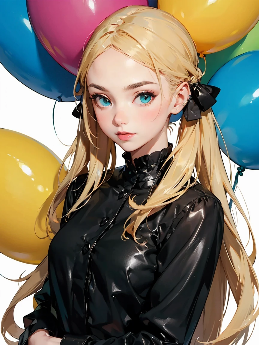 She is wearing a black suit. A realistic young woman with glossy, long blonde hair tied into twin tails, with bangs falling over her forehead. Her ((ultra-detailed eyes)) gleam coldly and sharply in emerald green, exuding a cool and smart atmosphere. Her youthful appearance is characterized by thin eyebrows and thin lips. She is holding balloons. Colorful. Sparkling. ((Best quality)). ((Ultra-detailed)).