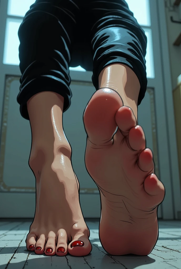 Intricate comic illustration of a woman wearing tight jumpsuit showing her feet, bare foot, feet focus, foot sole, depth of field, cinematic 