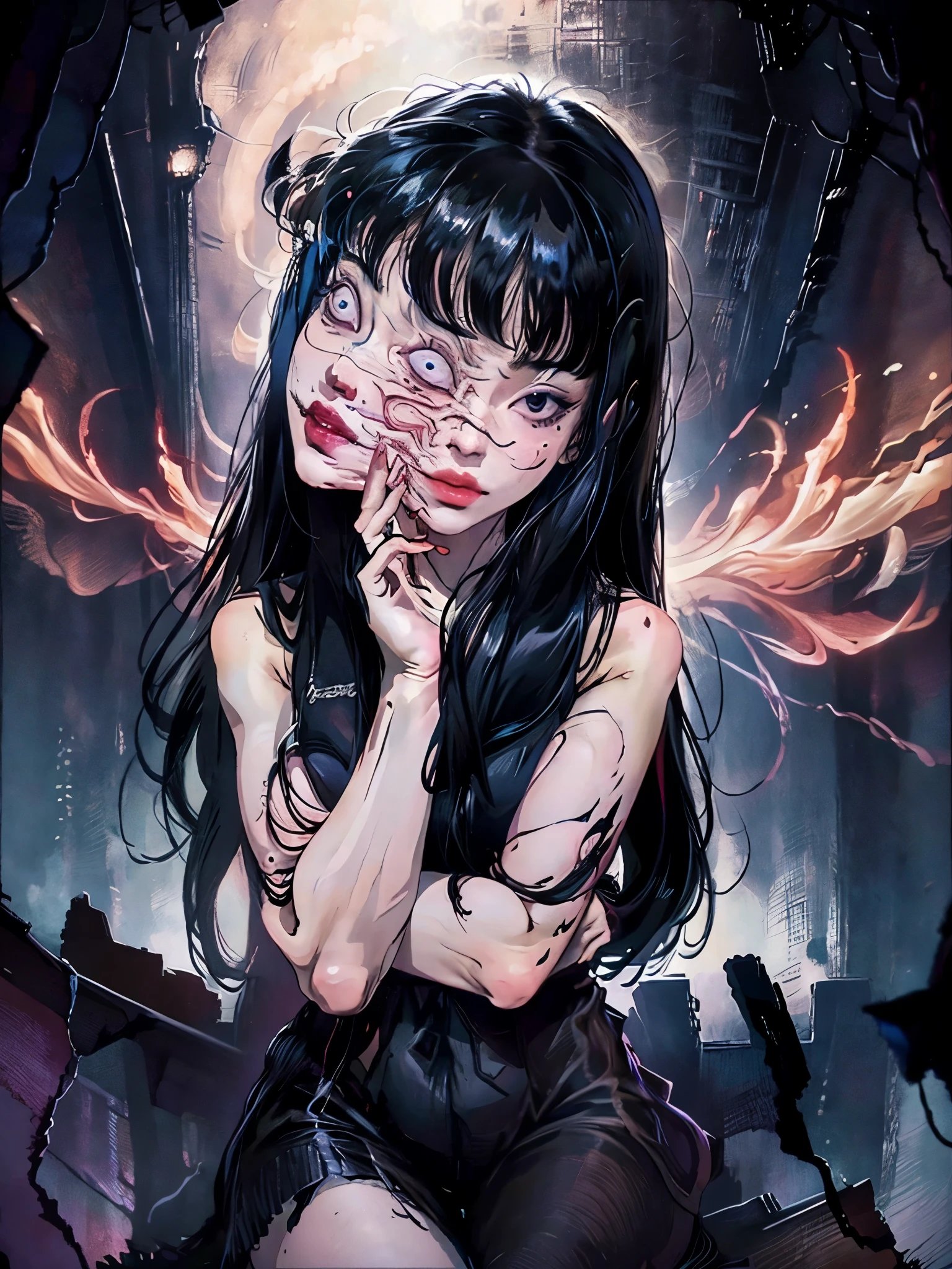 BREAK , photo manipulation, altered realities, fantastical scenes, digital artistry, creative editing,1 girl, distorted , Junji Ito , creepy, tomie, by running away, Full Body, crossed legs, high jump, semi low vision, 