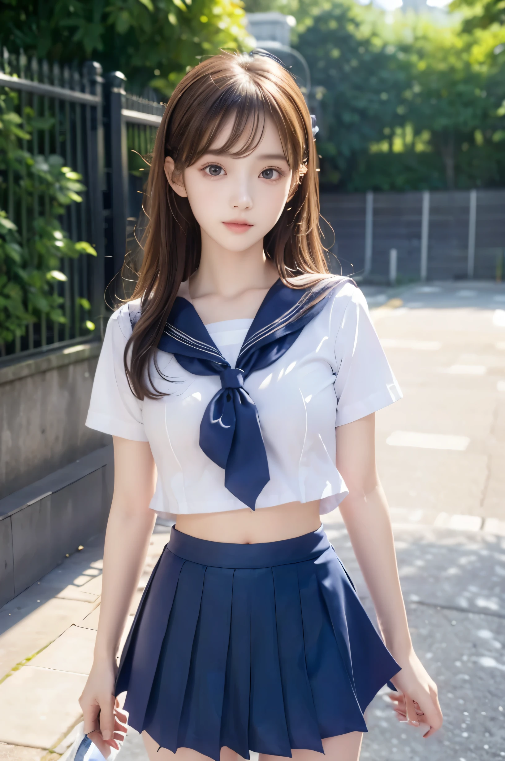 (Ultra HD), (Looking at me), (Short-sleeved sailor uniform, Navy blue mini skirt), Big Breasts, Super beautiful breasts, Slender, (Thin legs:1.2), (Thin thighs:1.2), (Thin Hips:1.4), (Beautiful Skin, Shiny skin, White skin), (Super slim face, Super beautiful face, No makeup, Smile:0.6), (Light Brown Hair, Semi-long, Layered Cut, Fluffy hair), (Big eyes:1.3, High corners of the eyes:1.6, double eyelid), (Thin eyebrows:0.1), (Small Nose:0.6), (Thin lips:0.6), Beautiful Hands, Empty-handed, Standing, In front of the school gate