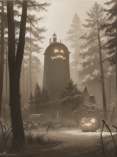 (masterpiece, highest quality, very detailed: 1.5), black and white, ((sepia)), ((pencil drawing)), Jack-o-Lantern Anthropomorphic, Gloomy, Chiron Crush, Ultra Wide Angle, Octane Rendering, Surrealism, Museum Lighting, Forest Environment, Unreal Engine,