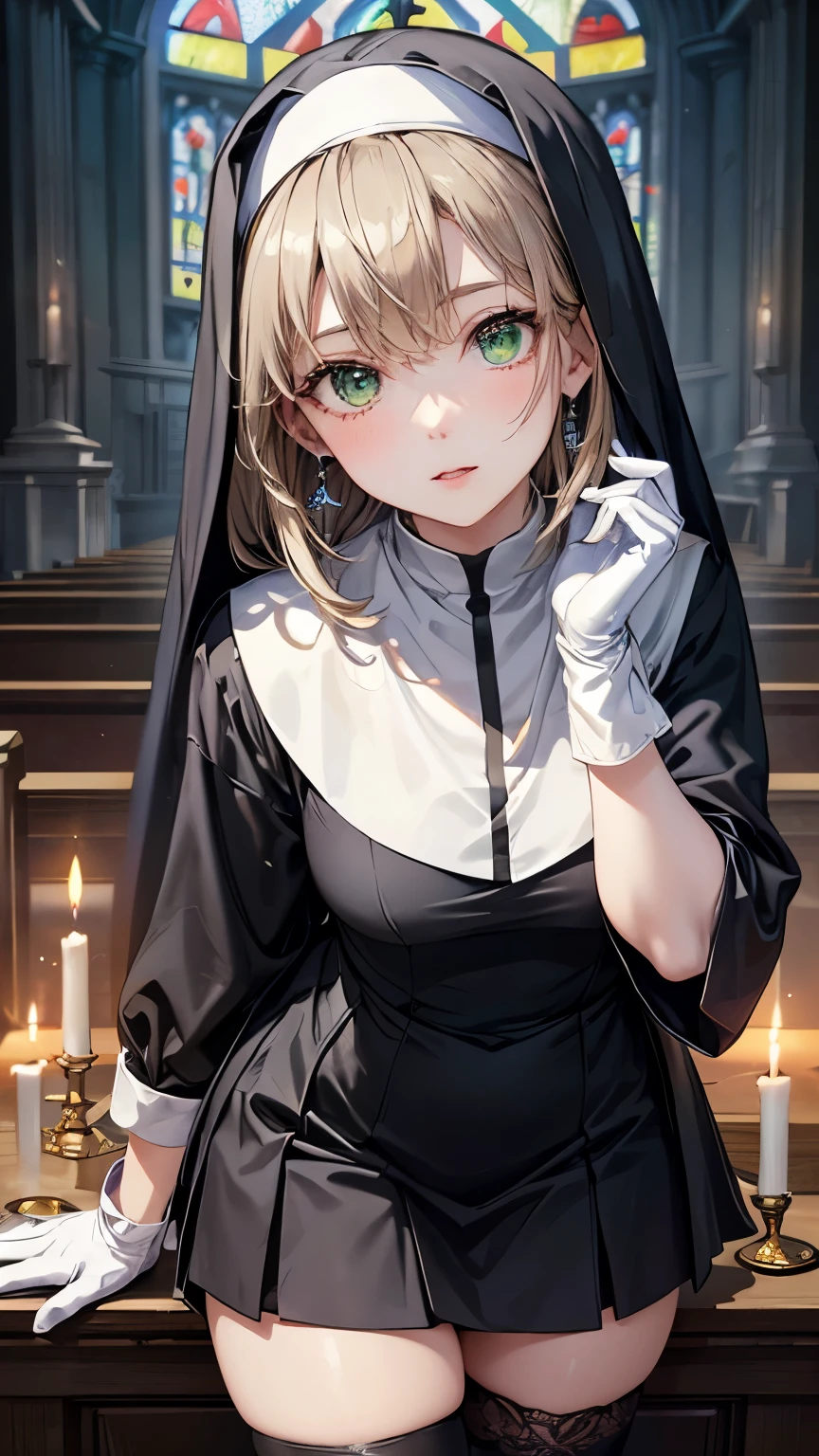 One girl,Long black hair,((Hide one eye)),((Clear green eyes)),((Nun in religious garb)),((4K,8k,CG Unity,Masterpiece,masterpiece,Best Quality:1.5)),Official image,Perfectly correct anatomy,((Realistic:1.2)),Bust Up,((Staring at the camera with a gentle gaze)),((足を組んでaltarに座る)),Leaning forward,Perfect beautiful girl,Beautiful woman,Supermodel,Beautiful and detailed skin texture,Beautiful Lips,Very detailed acrylic painting,Very beautiful and smooth hair,Staring at the camera,Professional Lighting,Perfectly correct hand shape,Black Pleated Micro Mini Skirt,Black thigh-high stockings,White gloves,Small sparkling earrings,Stained Glass,altar,Night church background