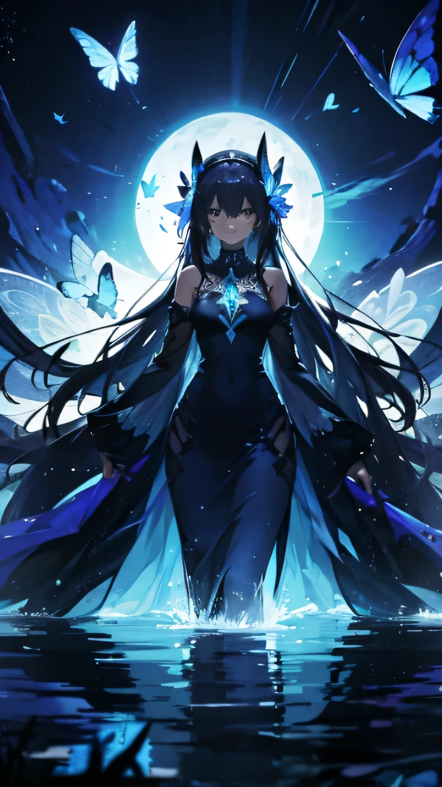 a wide shot of an ethereal black skinned girl with a long dress, looking toward the viewer, she is in a pond and a many butterflies are flying around her, fantasy style, beautiful illustration, with a blue, black and white louminous sparkly background
