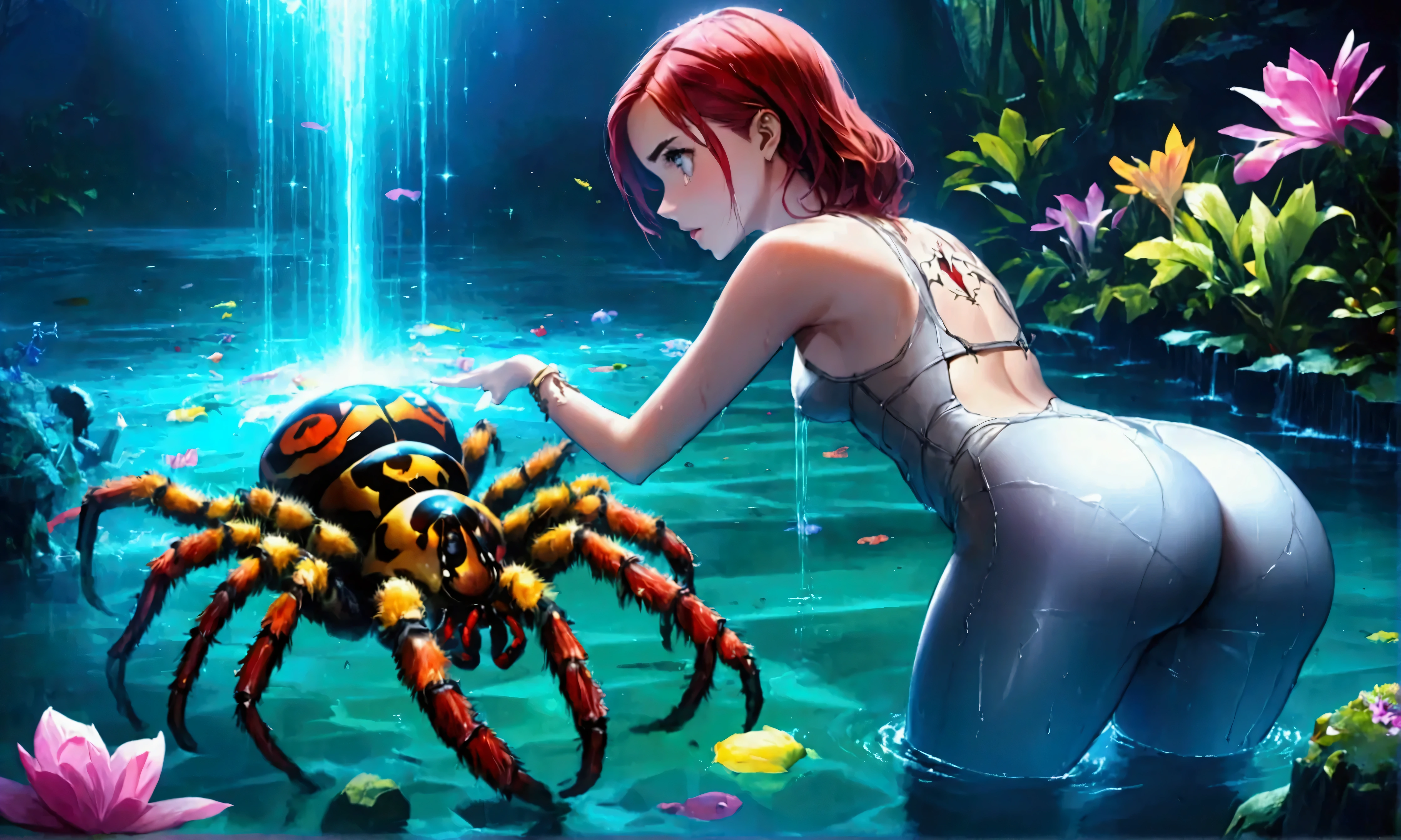 a cute girl, (Emma Watson, age 25 adult mature, amazing butt), wet, bright colored hair, star tramp stamp tattoo, swimming and struggling to surface, a giant water spider has her and is pulling her down, (best quality,4k,8k,highres,masterpiece:1.2),ultra-detailed,(realistic,photorealistic,photo-realistic:1.37),HDR,UHD,studio lighting,ultra-fine painting,sharp focus,physically-based rendering,extreme detail description,professional,vivid colors,bokeh,fantasy,surreal,cinematic lighting