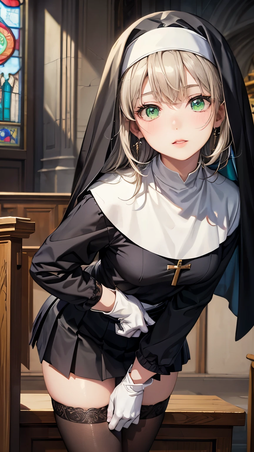 One girl,Long black hair,((Hide one eye)),((Clear green eyes)),((Nun in religious garb)),((4K,8k,CG Unity,Masterpiece,masterpiece,Best Quality:1.5)),Official image,Perfectly correct anatomy,((Realistic:1.2)),Bust Up,((Staring at the camera with a gentle gaze)),((足を組んでaltarに座る)),Leaning forward,Perfect beautiful girl,Beautiful woman,Supermodel,Beautiful and detailed skin texture,Beautiful Lips,Very detailed acrylic painting,Very beautiful and smooth hair,Staring at the camera,Professional Lighting,Perfectly correct hand shape,Black Pleated Micro Mini Skirt,Black thigh-high stockings,White gloves,Small sparkling earrings,Stained Glass,altar,Night church background