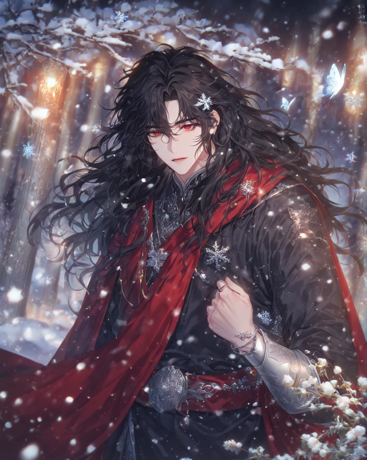 absurdres, highres, ultra detailed, HDR) master piece, best quality, extremely detailed, detailed eyes, detailed face, Manhwa style, Xue Yu, black hair, long hair, messy untamed hair, hair between the eyes, expressive red eyes, Thousand Years War, solo, sexy man, adult face, sensual, toned, emperor, emperor black robes, red cape, accessories, silver long bracelets, fantasy, magical, Chinese ambiance, pillars, winter flowers, garden, ice glittering butterflies, snow, radiant, snowing, snowflakes 