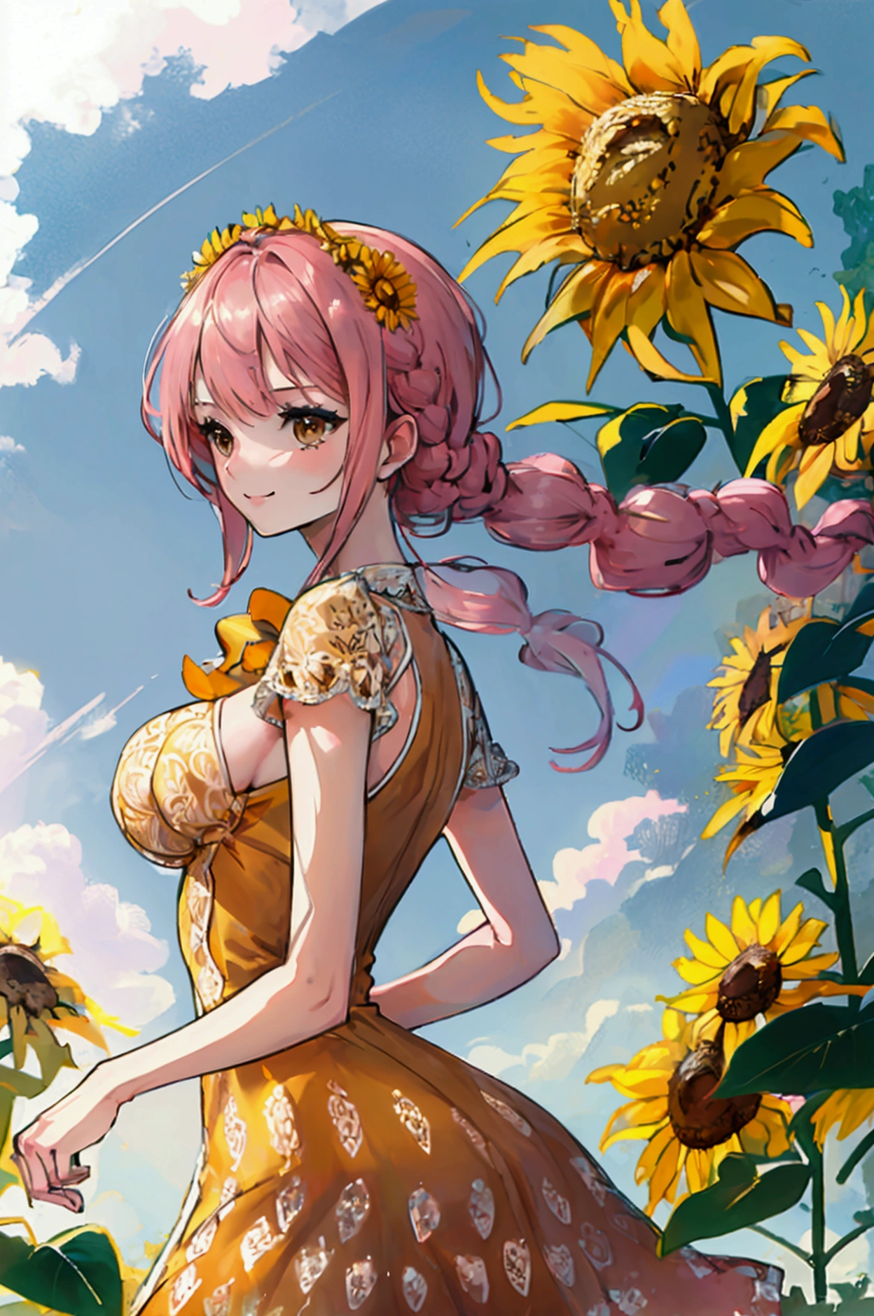 masterpiece, ((ultra detailed background, delicate pattern, intricate detail)), (highly detailed, fine details), best quality, beautiful lighting, (portrait), Rebecca, 1girl, solo, braid, pink hair, long hair, ((slim girl, medium breasts, cowboy shot)), smile, yellow dress, fluffy dress, brown eyes, complex detailed background, sunflowers, field, outside, nature environment, blue sky, sky, tree, from behind