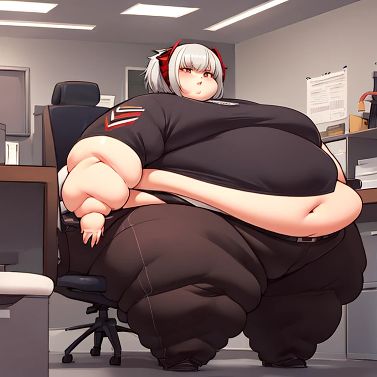 (safe:1.10), Best Quality, masterpieceHigh resolution, Alone, (in_arknights:1.10), Gray Hair, Office,Extremely obese women,Very fat lump, Very large, 膝まin垂れ下がったたるんだお腹, [Fat Belly,Very thick thighs,Big swollen ass,Very large arms,Too heavy to move