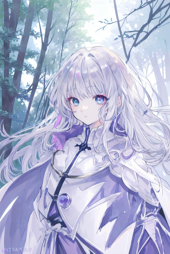 anime, face, Gray Hair, blue eyes, heterochromia,purple eye,blue eye., Long Hair, White background,High resolution, High detail, In the forest, White Cape