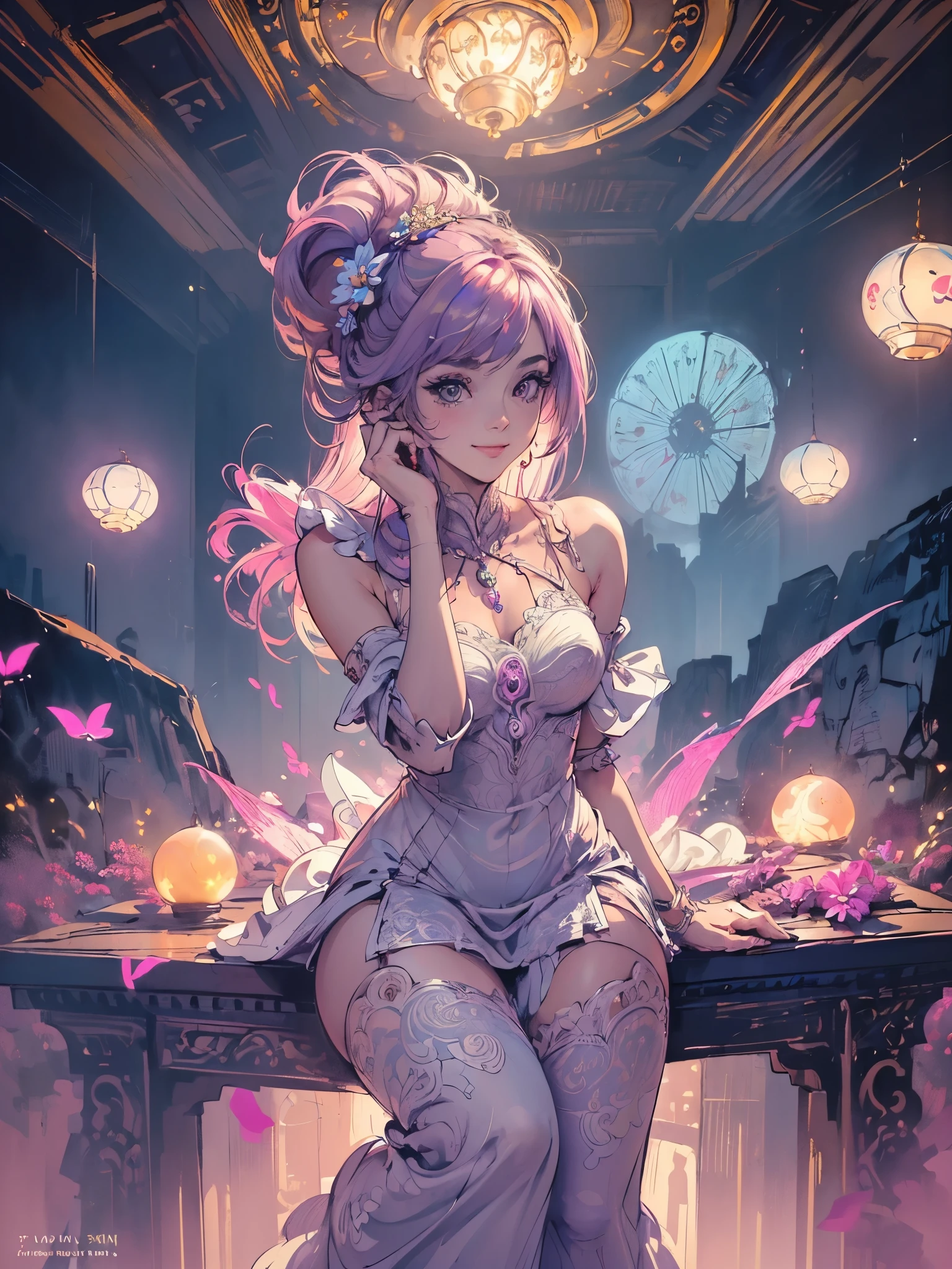 (masterpiece:1.4), (best quality:1.4), fantasy, extremely detailed, intricate, hyper detailed, illustration,soft lighting, 1girl, light purple hair_flower, curto dress, bend_over , grin, (perfect_face), sitting, desk, ornate, intricate, dramatic lighting, 4k, detailed_background, caustics, full_body, digital_illustration, from_side (((esta com as pernas cruzadas e salto plataforma, coluna semi curvada para frente, rodeada de borboletas luminosas em neon a sua volta))) 