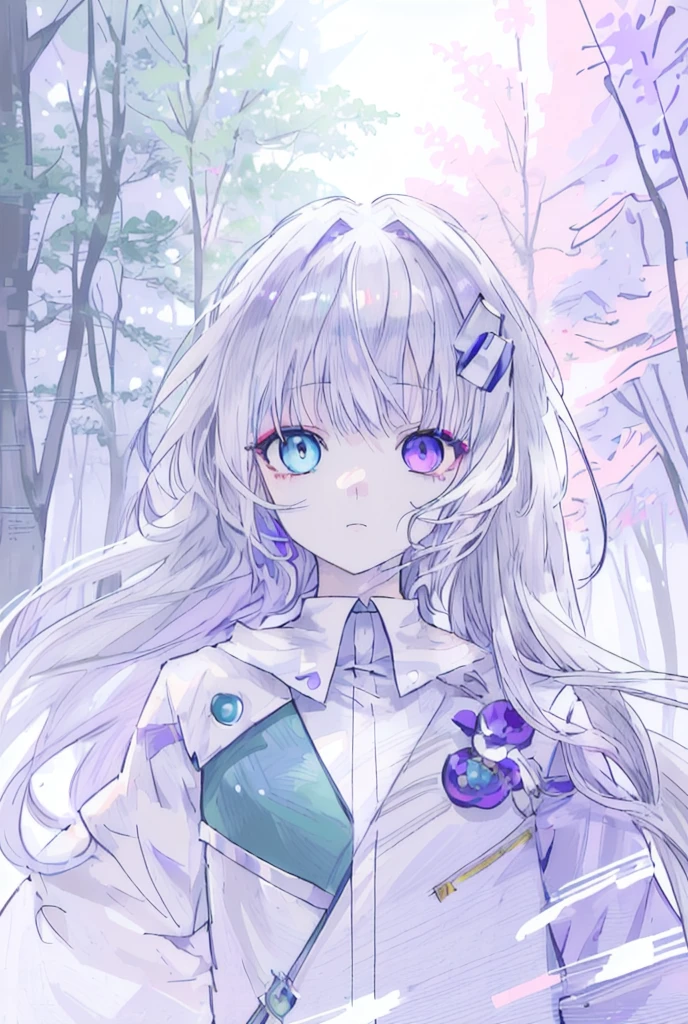 anime, face, Gray Hair, blue eyes, heterochromia,purple eye,blue eye., Long Hair, White background,High resolution, High detail, In the forest, White Cape