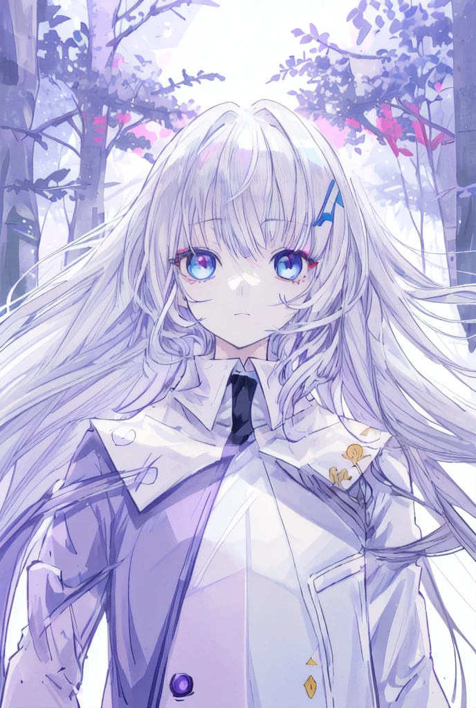 anime, face, Gray Hair, blue eyes, heterochromia,purple eye,blue eye., Long Hair, White background,High resolution, High detail, In the forest, White Cape