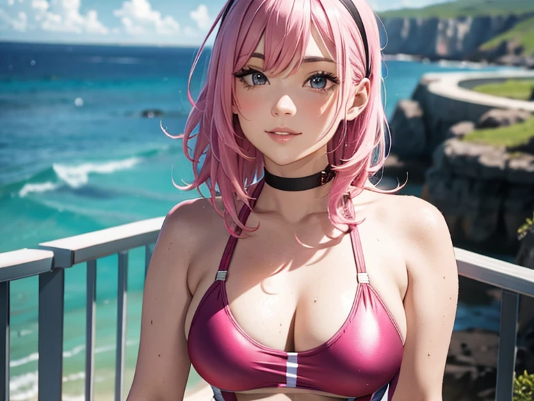 8k ultra high resolution, top-quality,Super detailed,Award-winning:1.3,Original photo, Smile and show it to me,blush, Page stain,Anatomically correct, beautiful body and limbs,One Girl,(Wear a competitive swimsuit:1.3),(bare shoulders:1.01),Big Breasts, One Girl, (Ham Cannon,short hair, Antenna Hair, Hair Ribbon),Pink Hair,Pink Eyes,Yellow Hair Ribbon, Pink metallic swimsuit,One piece metallic swimsuit,Climbing the lighthouse,In front of the lighthouse lens,Fresnel Lens,The lighthouse&#39;s luminous part,Pose as if holding a lighthouse in hand,Right palm facing up