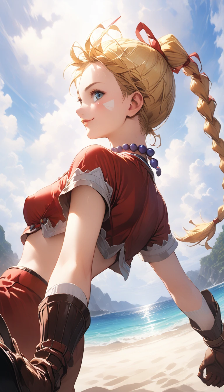 (viewed from slightly below:1.27), ((mature face)), blue eyes, warm smile, 20 years old, yellow hair in a high braided ponytail, (small bust:1.42), navel, standing on white sand beach, in various fighting poses, red fitted jacket 3/4 cropped, nude torso under jacket, form fitting red micro skirt, ((skirt is partially open)), (yellow pubic hair peeks out of her skirt:1.37), (Whole body shown:1.37), wearing loose leather boots, wearing ankle wraps, detailed face, detailed eyes, detailed lips, highly detailed hands, 8k, UHD, cinematic lighting, vivid colors, dramatic shadows, masterpiece, award winning art, (full length portrait:1.42),(kdecc, ponytail, (facial mark), necklace, red vest, midriff, red skirt, gloves), ultraST, skin_tight, impossible clothes, (NR, nipple rings) 