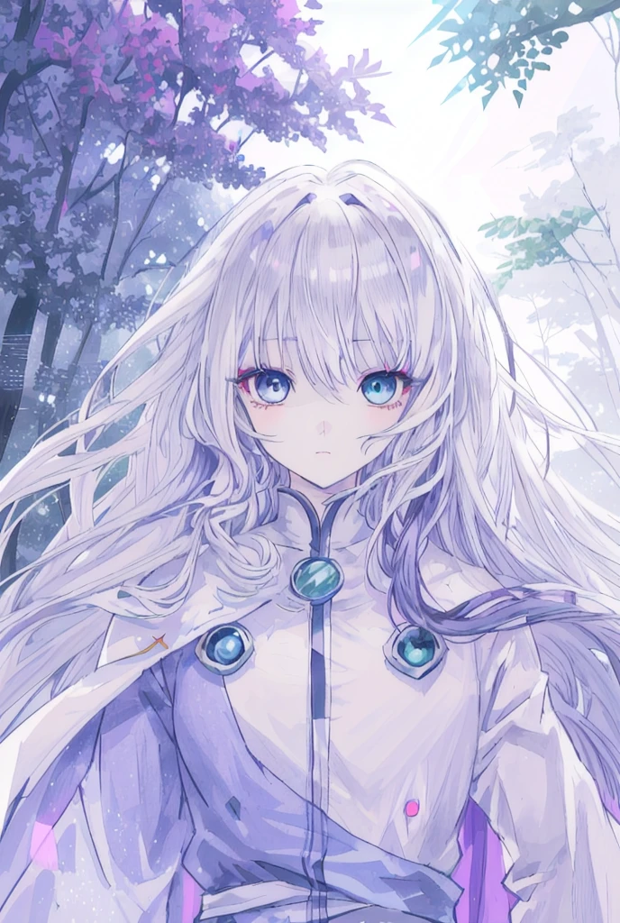 anime, face, Gray Hair, blue eyes, heterochromia,purple eye,blue eye., Long Hair, White background,High resolution, High detail, In the forest, White Cape