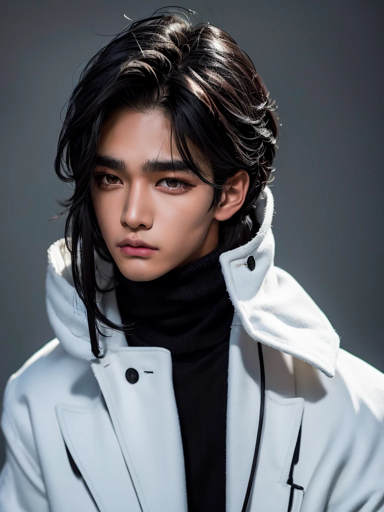 ((face portrait)), close-up photo, ((more focus on face)),((pose of superiority)), ((powerful man)), very luxurious in the image, highly detailed image. ((A man)), 20 year old boy, young appearance, perfect masculine appearance, detailed face, light blue eyes, seductive look, defined jawline, Serious countenance, marked nose, marked jaw, handsome face, young male face. Black hair, detailed hair, men's haircut. Perfect male body, broad shoulders, chest Toned, defined abs, toned body. Wearing a leather jacket with Spikes, leather jacket, black leather pants, goth look. Face with Korean features, slanted eyes, Asian appearance, Asian facial features, Striking a masculine pose, looking fixedly at the viewer, Asian features, Asian man, masculine, ((wearing a wolf fur cape)), ((very detailed clothing)), ((man posing)).