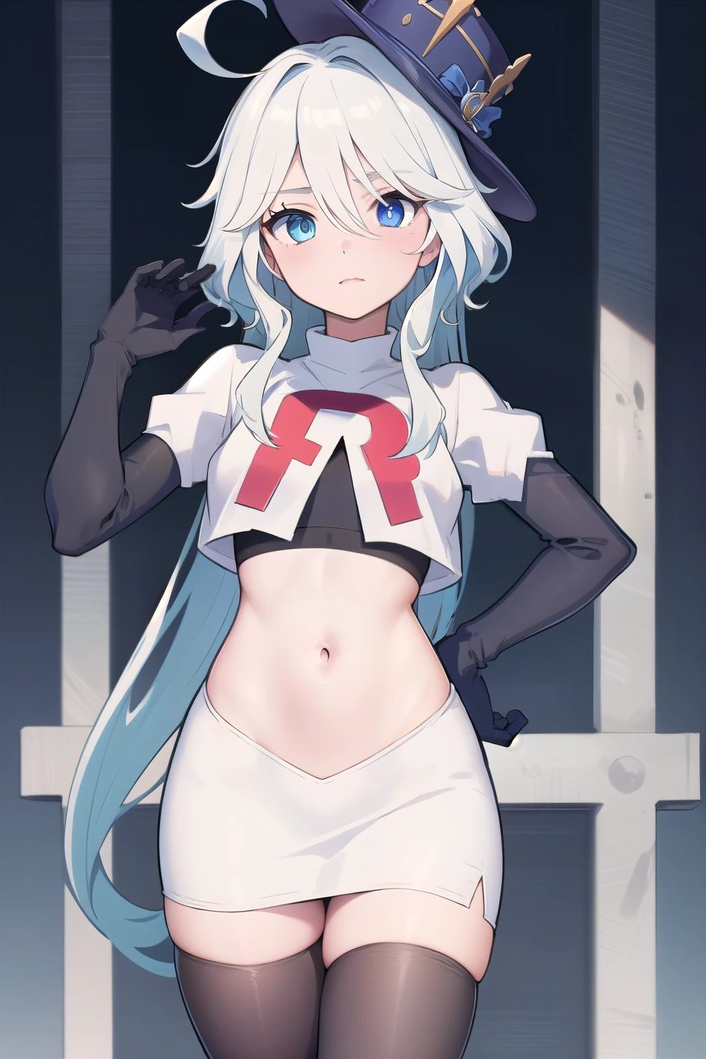 ((masterpiece,best quality)), 1girl, furina, heterochromia, blue hat, ahoge, team rocket,team rocket uniform,white skirt,red letter R,crop top,black thigh-highs,black elbow gloves