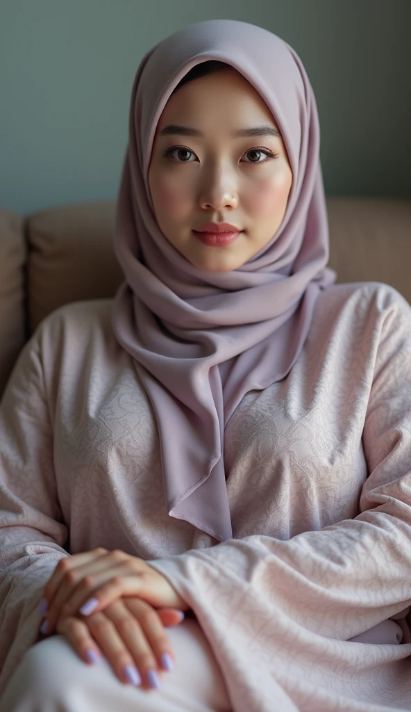 RAW, Best quality, high resolution, work: 1.3, beautiful Indonesia woman in hijab, beautiful big eyes, smiling, beautiful face, glosy lips, modern plain cream hijab, smile, medium portrait shot , watery eyes ,big breast,masutepiece, Best Quality, Ultra-detailed, finely detail, hight resolution, 8K, Perfect dynamic composition,in a cafe、sitting on、(((bending forward)))、(((Grey Color Turtleneck Knit)))、((Red cheekra Shots)、White long skirt、Golden earrings、Clean thighlack stockingalay 30-year-old woman、 Beautiful detailed eyes, Natural Color Lip,F Cup Breasts、Opens mouth and laughangss、Red cheekrom the rear