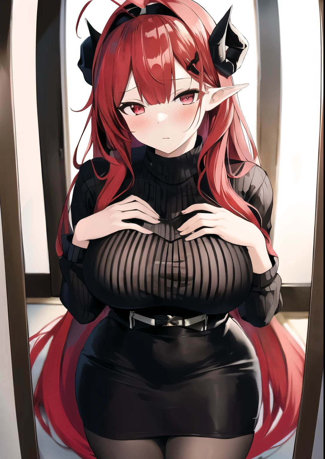 hindenburg_\(azur lane\), red_hair, demon horns, long hair,pencil_skirt, sweater, hand_on_own_chest,, doorway, from above,open door, blush,  masterpiece, best quality, high contrast,