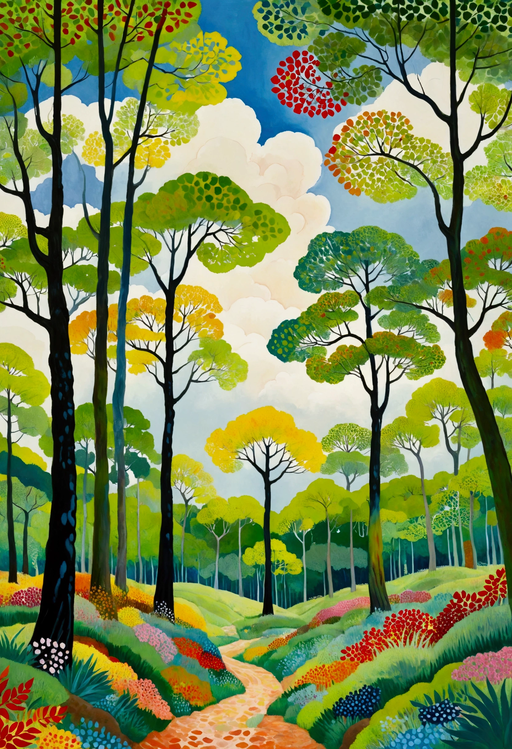 tree々Colorful landscape painting with clouds, Vibrant gouache landscape, Whimsical Forest, 色とりどりのtree々, treeのある丘, Nature Painting, Bright Forest, 草原の丘の中のtree々, Colorful landscape painting, 詳細なtree, tree々A lot, Forest Painting, Random forest scenery, tree々There are many leaves in, Inspired by Henri Rousseau, Inspired by Pacita Abad