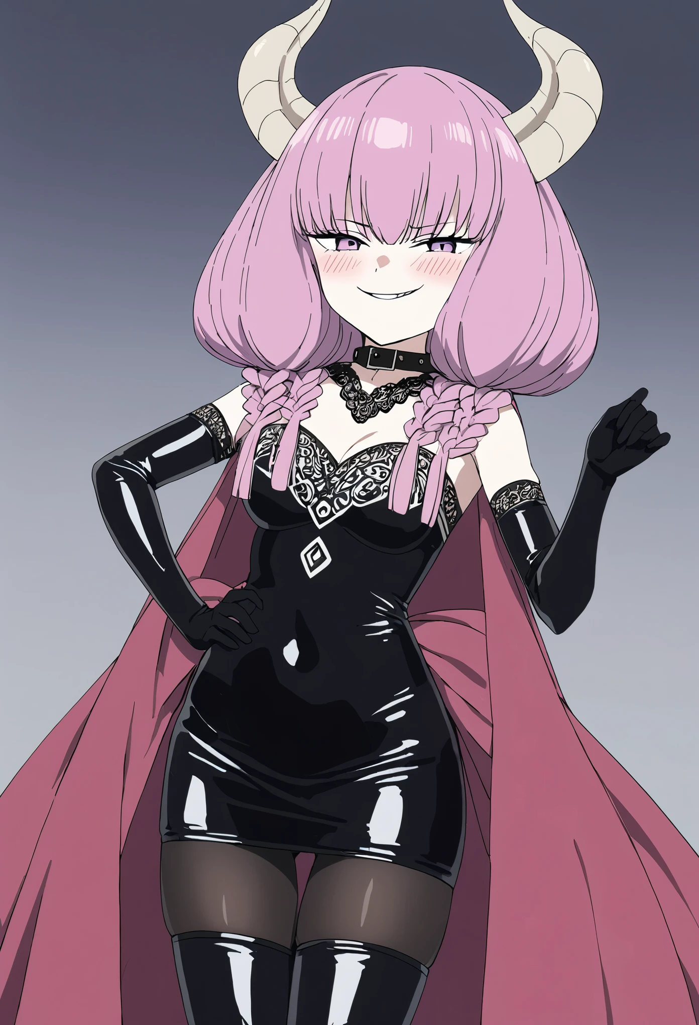 (((low length)))、(((Child body type:)))、BDSM、Queen、mistress、(((girlが1人)))、(((solo:1.8)))、(((Black latex elbow gloves:1.4)))、(((Black latex corset dress:1.4)))、(((The corset dress is decorated with beautiful lace.)))、(((Corset dress with shoulder straps)))、(((Black latex tight mini skirt:1.4)))、(((Black thigh-high boots:1.4)))、(((Black rubber tights:1.2)))、(((Stiletto heel boots:1.4)))、(((Black latex high leg panties)))、(((Black latex bra)))、(((Black leather collar)))、(((Sexy pose:1.4 )))、Wide-legged:1.2、(((Erotic)))、(((Cowboy Shot)))、Close-up、(((Place your hands on your hips)))、Beautiful eyes with highlights、Beautiful, smooth skin、Two perfect anatomical arms、Two perfect anatomical legs、(Four perfect fingers and one thumb)、The skin around the navel is exposed in a diamond shape.、girl, aura, Freezing of Funerals, length, Flowing pink hair, Curved horns protruding from her head, Eye-catching purple eyes, elegant,Wicked Smile、(((smirk:1.2)))、Contempt、contempt、Cold Stare、(((blush:1.2)))