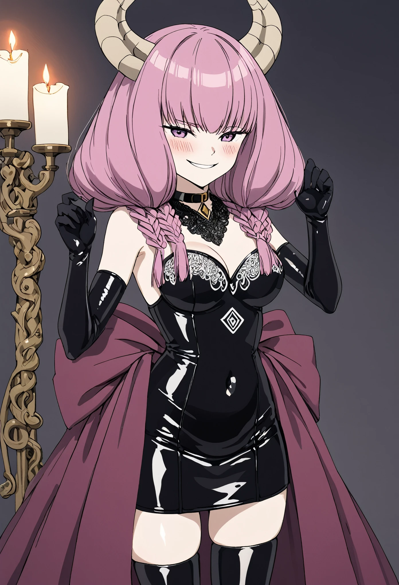(((low length)))、((( body type:)))、BDSM、Queen、mistress、(((girlが1人)))、(((solo:1.8)))、(((Black latex elbow gloves:1.4)))、(((Black latex corset dress:1.4)))、(((The corset dress is decorated with beautiful lace.)))、(((Corset dress with shoulder straps)))、(((Black latex tight mini skirt:1.4)))、(((Black thigh-high boots:1.4)))、(((Black rubber tights:1.2)))、(((Stiletto heel boots:1.4)))、(((Black latex high leg panties)))、(((Black latex bra)))、(((Black leather collar)))、(((Sexy pose:1.4 )))、Wide-legged:1.2、(((Erotic)))、(((Cowboy Shot)))、Close-up、(((Place your hands on your hips)))、Beautiful eyes with highlights、Beautiful, smooth skin、Two perfect anatomical arms、Two perfect anatomical legs、(Four perfect fingers and one thumb)、(((The skin around the navel is exposed in a diamond shape.)))、girl, aura, Freezing of Funerals, length, Flowing pink hair, Curved horns protruding from her head, Eye-catching purple eyes, elegant,Wicked Smile、(((smirk:1.2)))、Contempt、contempt、Cold Stare、(((blush:1.2)))