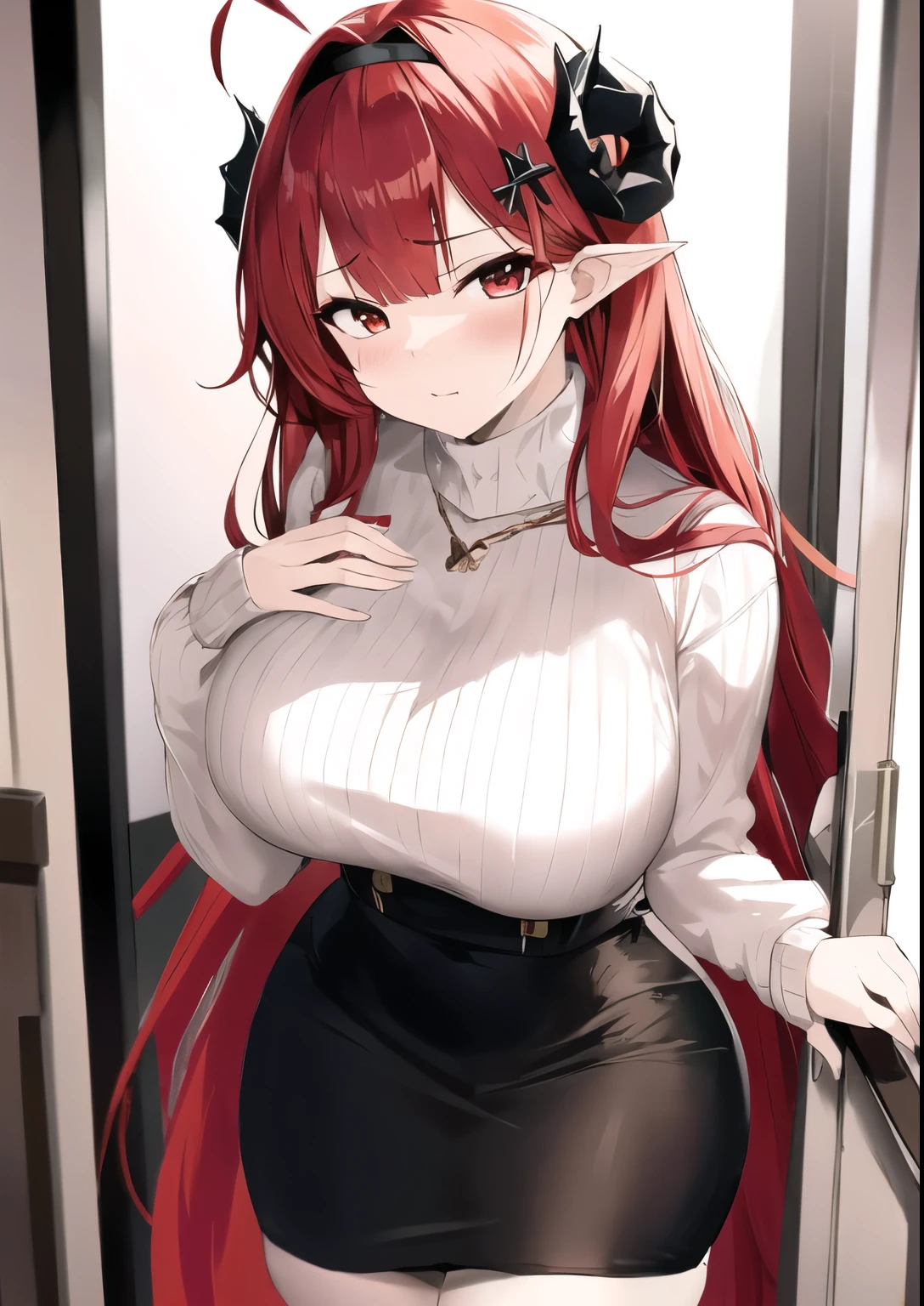 hindenburg_\(azur lane\), red_hair, demon horns, long hair,pencil_skirt, sweater, hand_on_own_chest,, doorway, from above,open door, blush,  masterpiece, best quality, high contrast,